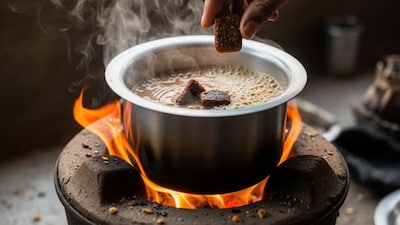 When jaggery is added to hot milk tea, its acids react with the milk proteins, leading to curdling.