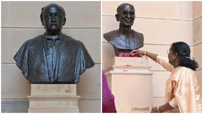 (Left) British architect Edwin Lutyens' bust which was replaced with Chakravarti Rajagopalachari's (Right) at Rastrapati Bhawan.