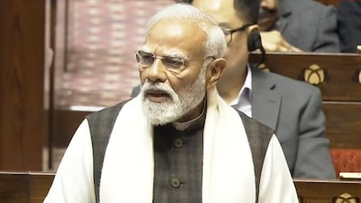 PM Modi in Rajya Sabha on Thursday. (Sansad TV)