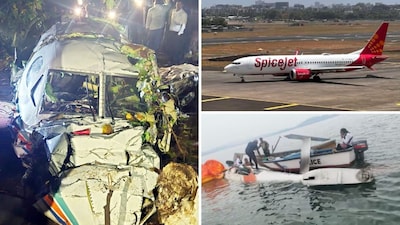 (Clockwise from left) The air ambulance; a file pic of Spicejet flight and the Pawan Hans helicopter crash.  (PTI/File/News18) 