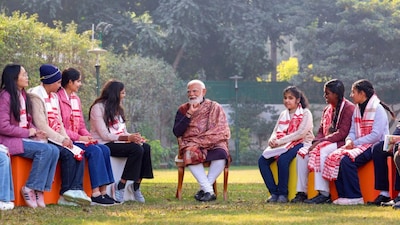 Prime Minister Narendra Modi interacts with students during the ninth edition of 'Pariksha Pe Charcha 2026 with PM' at his residence, in New Delhi. (PMO via PTI) 