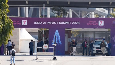 Security officials at the entrance of Bharat Mandapam, ahead of the AI Impact Summit 2026, in New Delhi, on Sunday. (PTI)