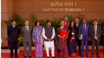 Finance Minister Nirmala Sitharaman's saree choice every year represents a different region of India and celebrates local weavers, crafts and textile heritage. (X/@ANI)