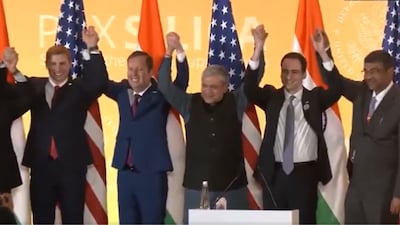 Ashwini Vaishnaw, Union Minister for Electronics & Information Technology, Jacob Helberg, US Under Secretary of State for Economic Affairs, US Ambassador to India Sergio Gor, MeitY Secretary S Krishnan and other officials pose for a group photograph after the signing of Pax Silica Declaration between India and the US. (File image: ANI)