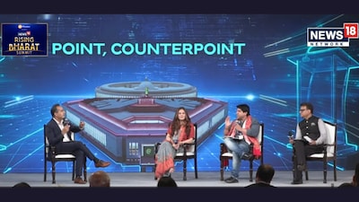 Political commentator Mumtaz Patel, BJP spokesperson Shehzad Poonawalla and Samajwadi Party spokesperson Faraz Kidwai at Rising Bharat Summit 2026.