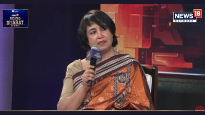 Exiled Bangladeshi author Taslima Nasreen at Network18's Rising Bharat Summit 2026 on February 28, 2026. 