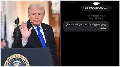 A cryptic text in Persian from an anonymous sender read: “The US President is a man of action. Wait and see.” (Image via X and AFP)