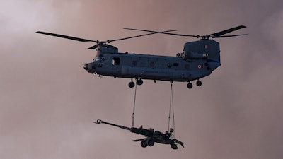 Indian Air Force's Chinook during the rehearsals for Exercise Vayushakti-26, at Chandan Field Firing Range, in Jaisalmer. (Image: PTI)