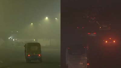 Screengrab of visuals shared by ANI on February 2 (Left: Akshardham area; Right: Dhaulakuan area)