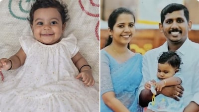 Left: 10-month-old Aalin Sherin Abraham; Right: She, with her parents (Credits: X/Kamal Hassan)