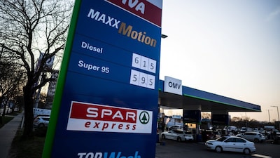 Fuel prices are displayed on a board at a gas station of OMV in Budapest, Hungary, March 10, 2026. REUTERS/Marton Monus