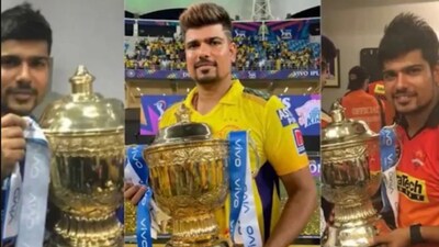 Leg spinner Karn Sharma lifted IPL trophy thrice for three separate franchises in three consecutive years. (X photo shared by @TheCricketKatha)