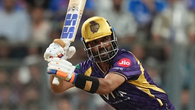 Kolkata Knight Riders' captain Ajinkya Rahane plays a shot during the Indian Premier League cricket match between Mumbai Indians and Kolkata Knight Riders in Mumbai, India, Sunday, March 29, 2026. (AP Photo/Rafiq Maqbool)