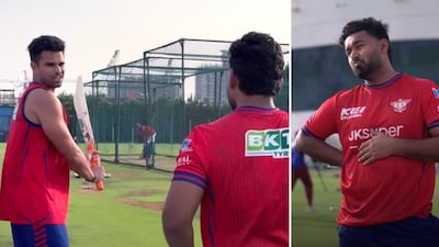 Arjun Tendulkar shows off his bat to Rishabh Pant (X)