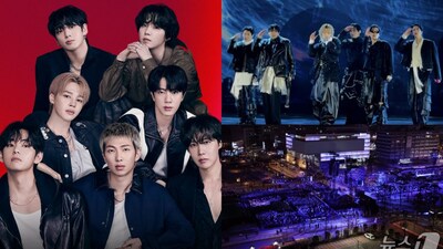 BTS members perform at the Gwanghwamun Square in Seoul. 