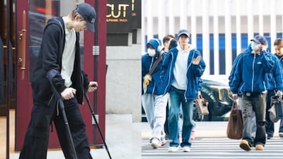 BTS depart for New York as RM appears on crutches; credits: X