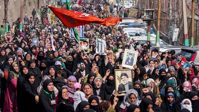People from the Muslim community stage a protest against the killing of Iran's supreme leader Ayatollah Ali Khamenei, in Budgam, J&K. (PTI)