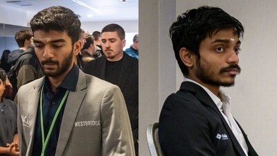 Indian GMs D Gukesh and Aravind Chithambaram (Credit: X/Prague International Chess Festival)