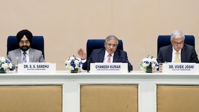 Chief Election Commissioner Gyanesh Kumar, centre, with Election Commissioners S S Sandhu, left, and Vivek Joshi during a press conference to announce the Assembly election schedule for West Bengal. (Image: PTI)