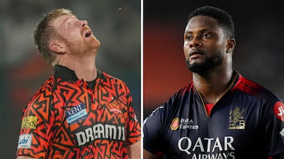 SRH's Heinrich Klaasen and RCB's Romario Shepherd in the IPL (PTI)