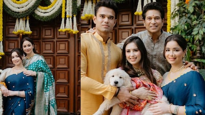 Sara Tendulkar channels timeless elegance in a blue Maharashtrian saree with a classic nath at Arjun Tendulkar’s wedding festivities.