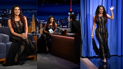 Priyanka Chopra Jonas channels dark elegance in a black lace Epuzer gown during her The Bluff promotions on The Tonight Show Starring Jimmy Fallon in New York City.