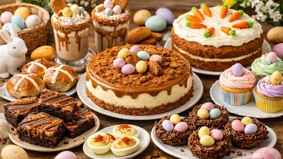An indulgent Easter dessert spread featuring Biscoff cheesecake, brownies, milkshakes, carrot cake, chocolate nests, cupcakes, and classic festive treats.