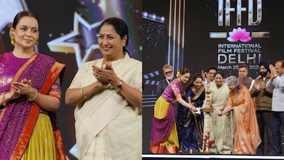 Kangana Ranaut stuns in a South Indian-inspired Kanjeevaram lehenga at the International Film Festival of Delhi 2026, blending timeless tradition with regal elegance.