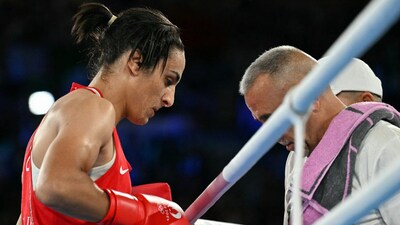 Algeria's Imane Khelif prepares to compete against China's Yang Liu in the women's 66kg final boxing match during the Paris 2024 Olympic Games (AFP)
