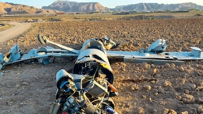 This handout picture provided by the Iranian Army media office on June 18, 2025, shows the wreckage of what the army said is an armed Israeli Air Force Hermes drone, downed after being hit by a surface-to-air missile, in the central city of Isfahan. (AFP File Photo)