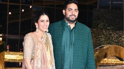 Shloka Mehta steps out in a gold jacket–palazzo set for a wedding in Jodhpur. 