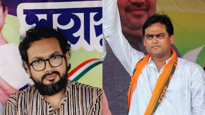 Trinamool leader Mukut Mani Adhikari; (R) BJP leader Santanu Thakur (X @mukut_adhikari, PTI)