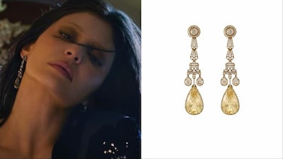 Kylie Jenner wears Sabyasachi earrings crafted in 18k gold with morganite and diamonds.