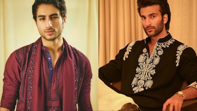 (L-R) Ibrahim Ali Khan in Raghavendra Rathore, Meezaan Jafri in Manish Malhotra