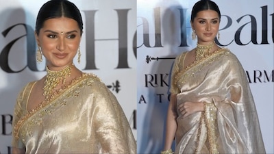 Tara Sutaria stuns in a Banarasi tissue silk saree in Mumbai.