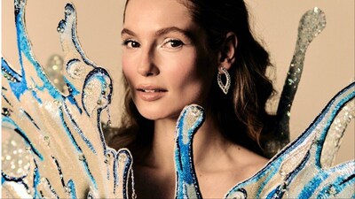 Hannah Dodd wears a water-inspired ensemble from Rahul Mishra Couture Spring 2026 collection, Alchemy.