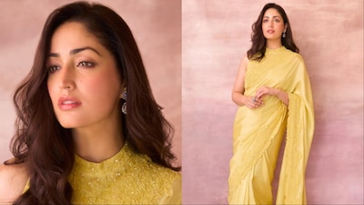 Yami Gautam stuns in a yellow Mishru saree.
