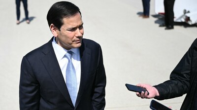 US Secretary of State Marco Rubio speaks to reporters before boarding a plane at Joint Base Andrews in Maryland. (AFP)