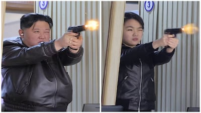 Photos of North Korean leader Kim Jong Un and his daughter firing pistols. (Image: X)