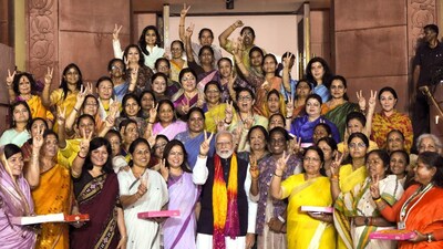 Prime Minister Narendra Modi with women MPs after the passage of the Nari Shakti Vandan Adhiniyam (women's reservation bill) by the Rajya Sabha in 2023. (PTI)
