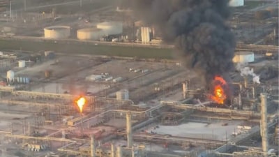 Aerial Video Snapshot -  Pilot captures fire at Port Arthur Valero plant in Texas. (Image Courtesy: YouTube/Fox26 Houston)