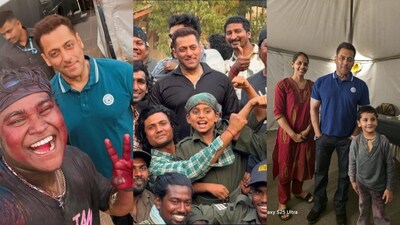 Salman Khan was spotted smiling on the sets of Battle of Galwan, posing with young co-actors while his father Salim Khan continues to recover in hospital.