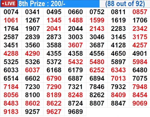  In Progress – Winning numbers for 8th prize (88 out of 92)