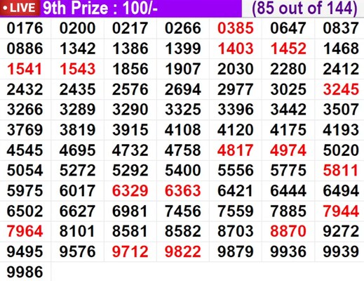 In progress – Winning numbers for 9th prize (85 out of 144)