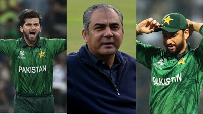 Mohsin Naqvi (c) and the two Pakistani captains.(AFP, PTI, AP)