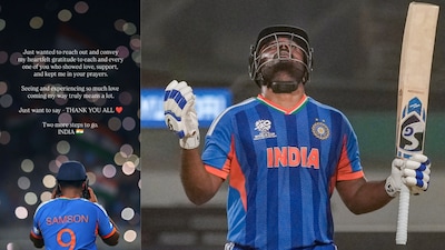 Sanju Samson thanks God after his match-winning knock.(AP)