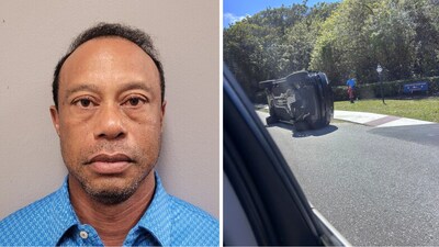 Former world number one Tiger Woods was arrested on a charge of driving under the influence after his Land Rover rolled over on a two-lane road (AP)
