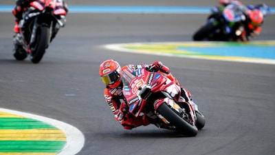 Marc Marquez, of Spain, leads during the sprint race at the Brazilian Grand Prix at the Ayrton Senna International Raceway in Goiania, Brazil, Saturday, March 21, 2026. (AP Photo/Eraldo Peres)