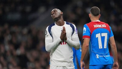 Tottenham's Randal Kolo Muani reacts during the Champions League round of 16, second leg soccer match between Tottenham and Atletico Madrid in London, England, Wednesday, March 18, 2026. (AP Photo/Kin Cheung)
