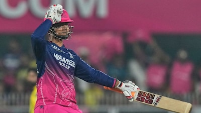 Rajasthan Royals' Vaibhav Sooryavanshi celebrates his fifty runs during the Indian Premier League cricket match between Chennai Super Kings and Rajasthan Royals in Guwahati, India, Monday, March 30, 2026. (AP Photo/Anupam Nath)